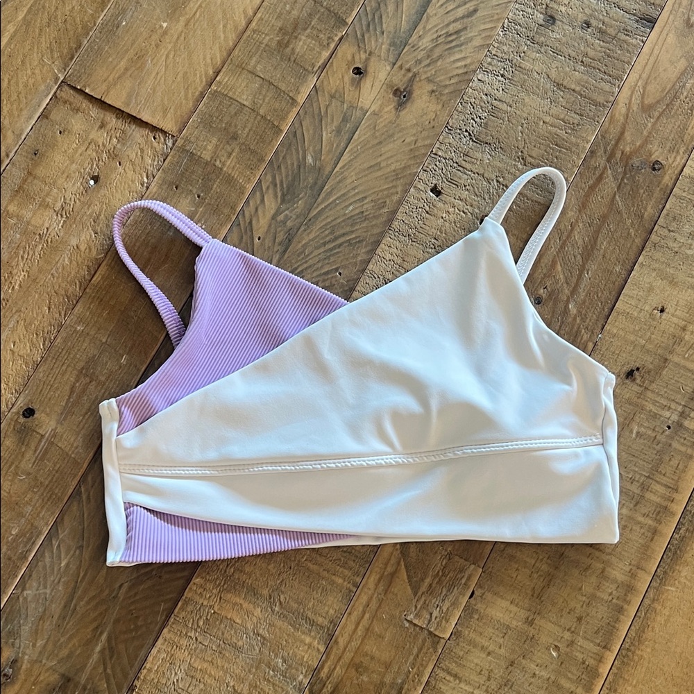 Lilac and white 5 Dance wear bra top, size petite adult.